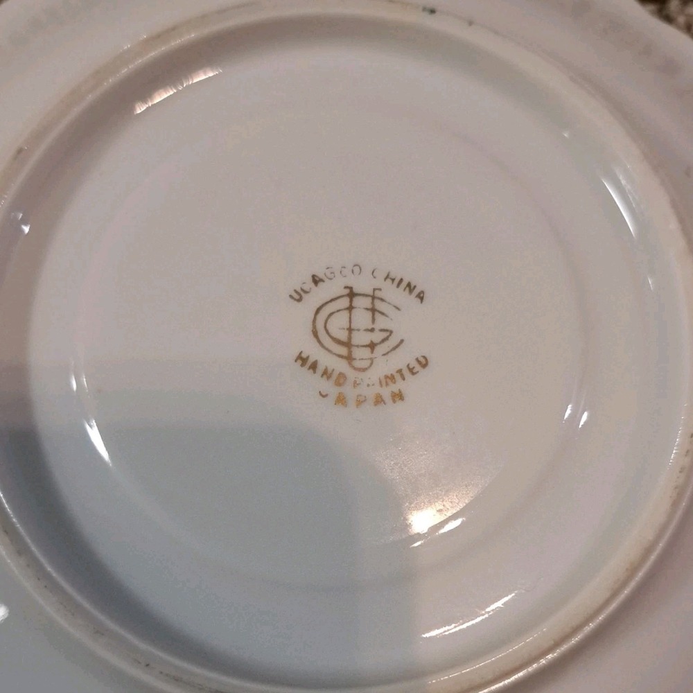 Vtg Ucagco China - Hand Painted Leaf Pedestal Teacup And Saucer x 4 Grn/Gold - Picture 5 of 5